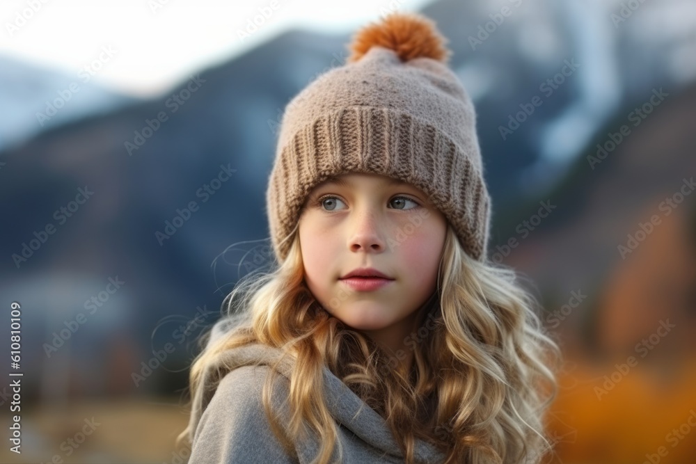 Medium shot portrait photography of a pleased child female that is wearing a warm beanie or knit hat against a mountain landscape background . Generative AI Medium shot portrait photography of a pleased child female that is wearing a warm beanie or knit hat against a mountain landscape background . Generative AI