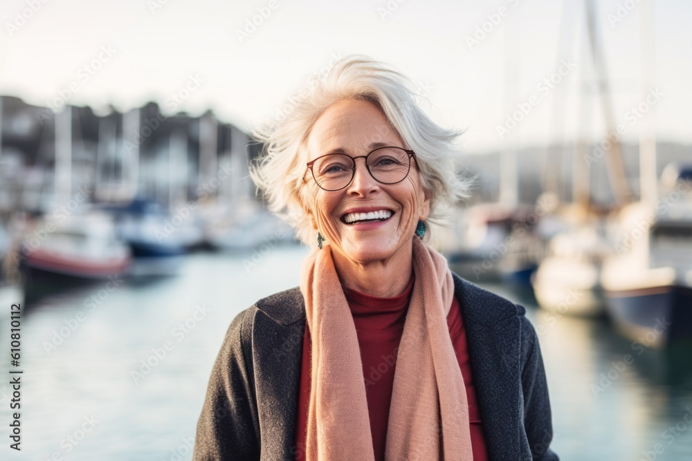 portrait of smiling senior woman in eyeglasses standing near yachts in harbor portrait of smiling senior woman in eyeglasses standing near yachts in harbor