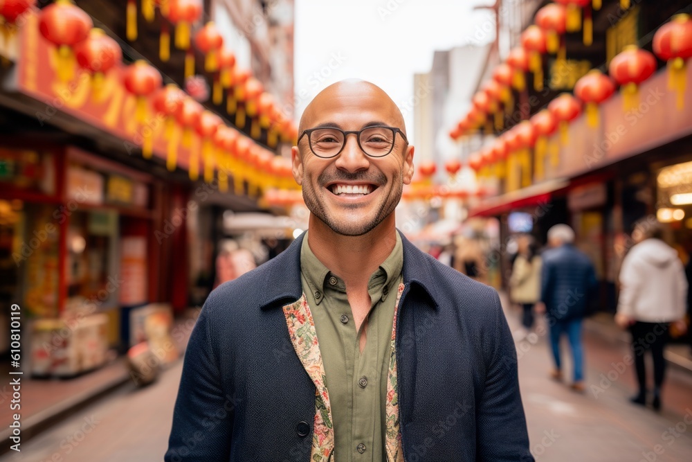 Medium shot portrait photography of a grinning man in his 30s that is wearing a chic cardigan against a bustling chinatown with colorful shops and restaurants background .  Generative AI