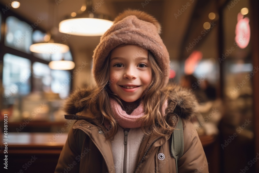 Portrait of a cute little girl in a winter hat and coat in a cafe Portrait of a cute little girl in a winter hat and coat in a cafe
