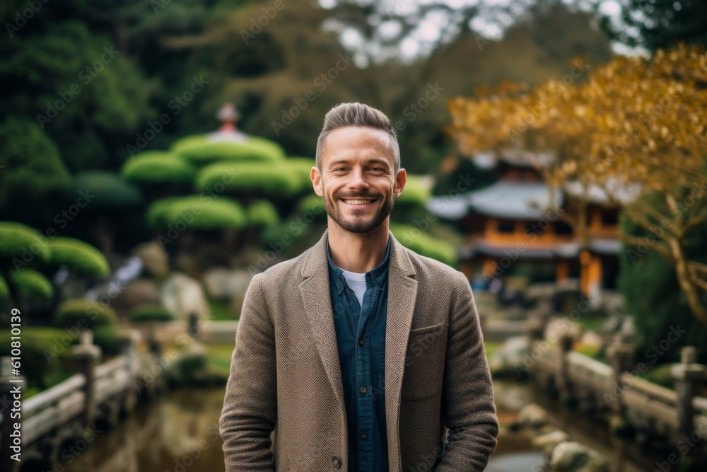 Portrait of a young handsome man in a Japanese garden. He is smiling.