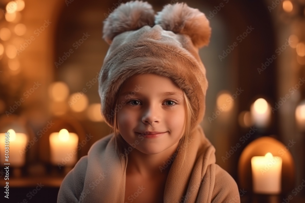 Medium shot portrait photography of a pleased child female that is wearing a warm parka against a tranquil spa environment with candles and massage background . Generative AI Medium shot portrait photography of a pleased child female that is wearing a warm parka against a tranquil spa environment with candles and massage background . Generative AI