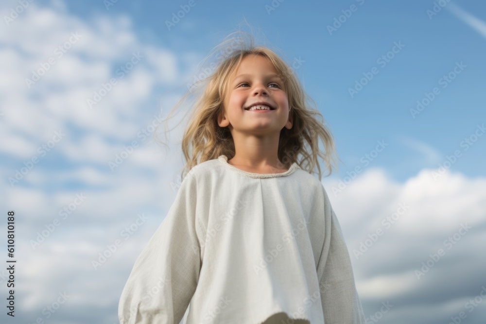 Medium shot portrait photography of a pleased child female that is wearing a simple tunic against a sky and clouds background . Generative AI Medium shot portrait photography of a pleased child female that is wearing a simple tunic against a sky and clouds background . Generative AI