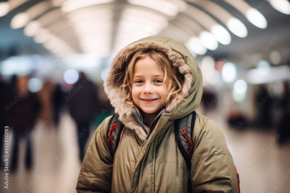 Portrait of a cute little boy in winter jacket at the airport