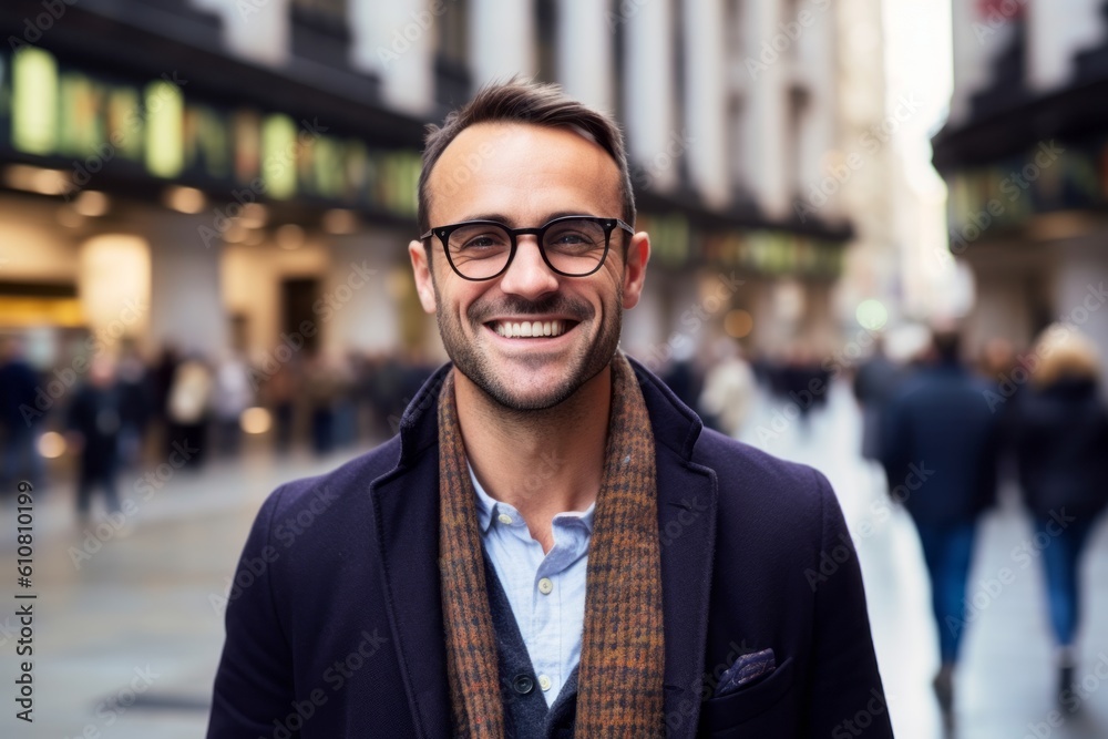 Medium shot portrait photography of a grinning man in his 30s that is wearing a chic cardigan against a bustling day at the stock exchange with traders background . Generative AI Medium shot portrait photography of a grinning man in his 30s that is wearing a chic cardigan against a bustling day at the stock exchange with traders background . Generative AI