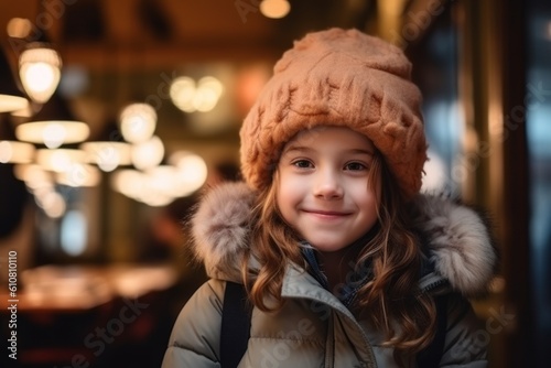 Cute little girl in warm hat and coat looking at camera in cafe © Leon Waltz