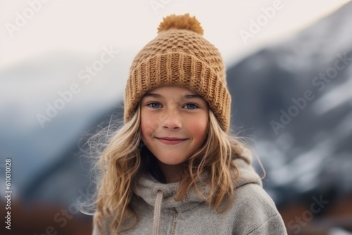 Portrait of a cute little girl in a knitted hat on the background of mountains © Leon Waltz