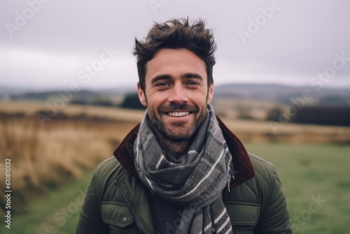 Portrait of handsome young man with woolen scarf and jacket standing in countryside