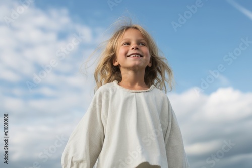 Medium shot portrait photography of a pleased child female that is wearing a simple tunic against a sky and clouds background . Generative AI