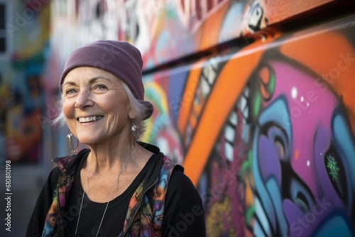 Portrait of smiling senior woman standing against graffiti wall in the city