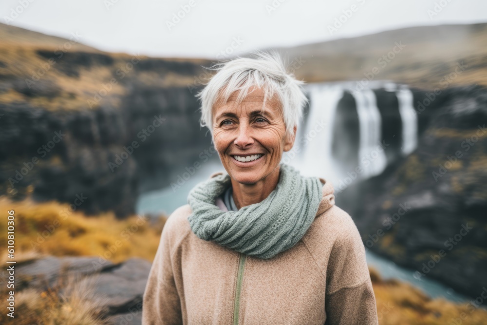 Portrait of a smiling senior woman standing in front of a waterfall in Iceland Portrait of a smiling senior woman standing in front of a waterfall in Iceland