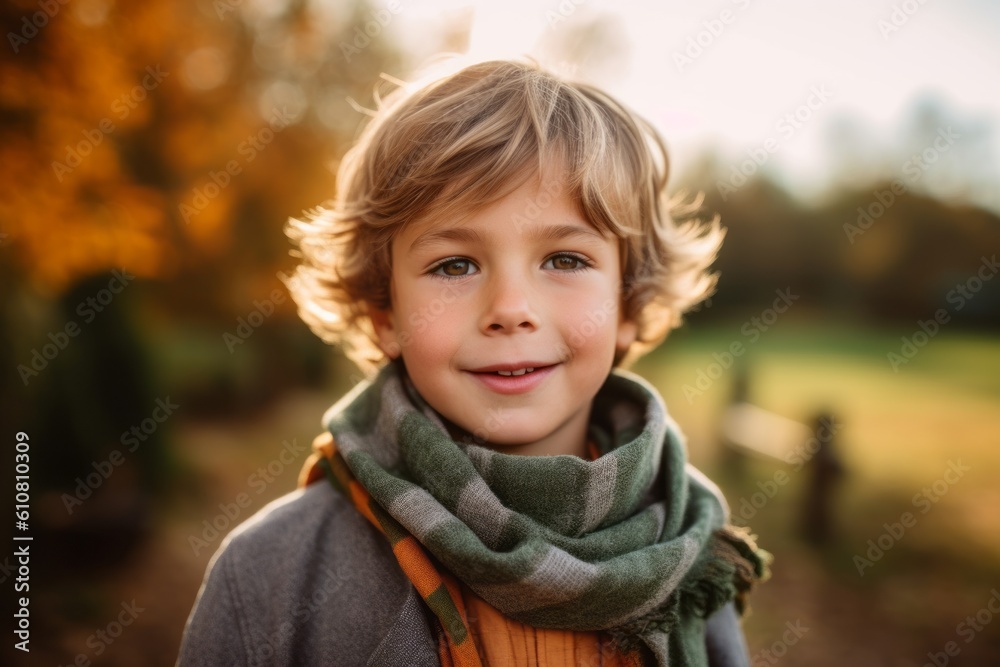 Portrait of a cute little boy wearing scarf and scarf in autumn park Portrait of a cute little boy wearing scarf and scarf in autumn park