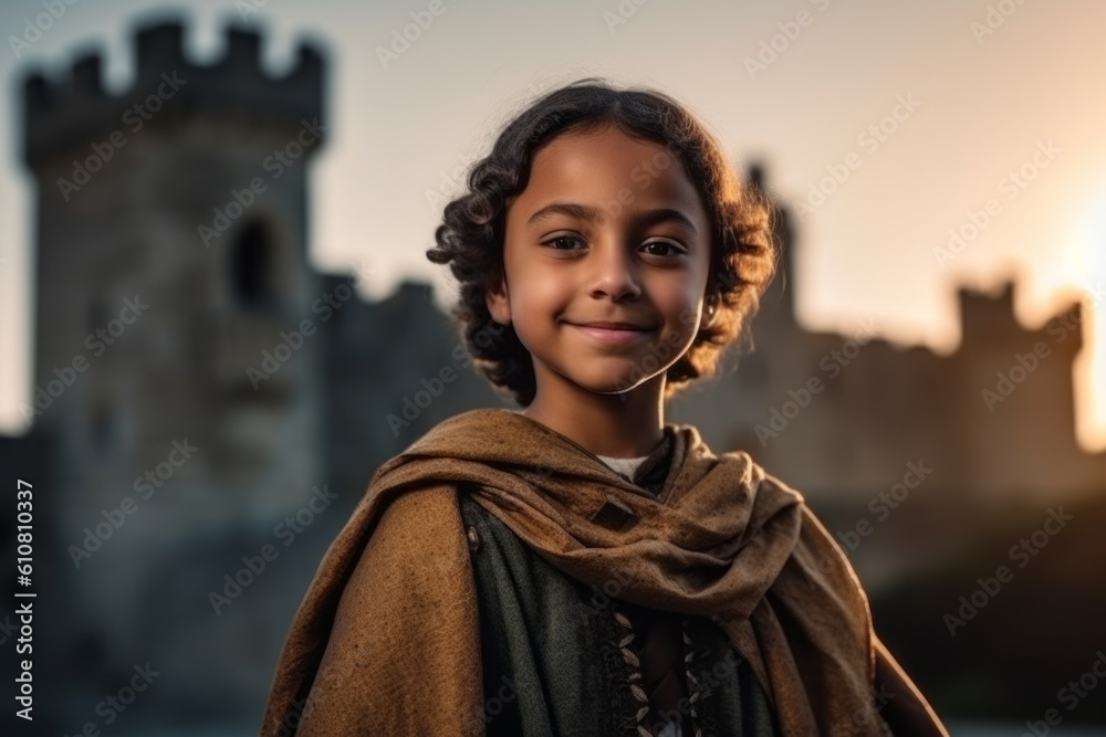 Naklejka premium Portrait of a cute little girl in front of the castle.