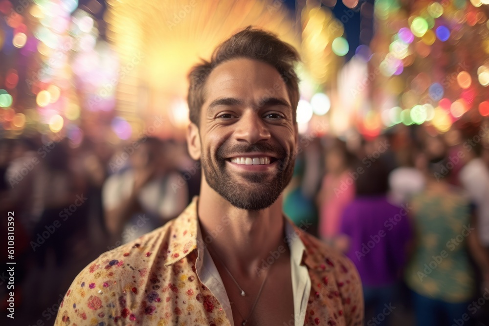 Obraz premium Portrait of a smiling young man at a party in the city