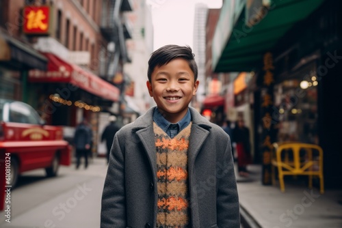 Medium shot portrait photography of a pleased child male that is wearing a chic cardigan against a bustling chinatown with colorful shops and restaurants background . Generative AI