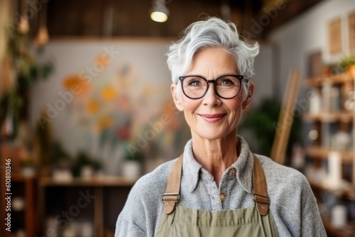 Portrait of smiling senior woman with eyeglasses in art studio