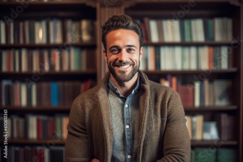 Medium shot portrait photography of a grinning man in his 30s that is wearing a chic cardigan against a library or bookshelf background .  Generative AI