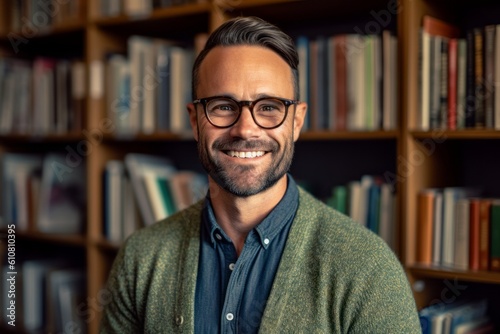 Medium shot portrait photography of a grinning man in his 30s that is wearing a chic cardigan against a library or bookshelf background . Generative AI