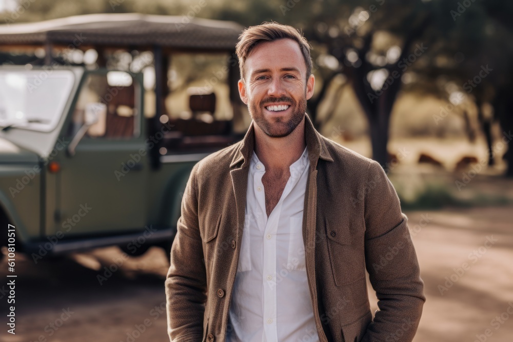 handsome young man smiling and looking at camera while standing near jeep