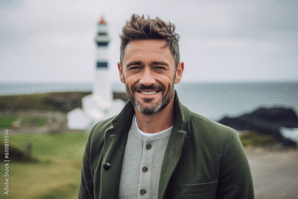 Fototapeta premium Portrait of handsome man standing in front of Lighthouse on a cloudy day