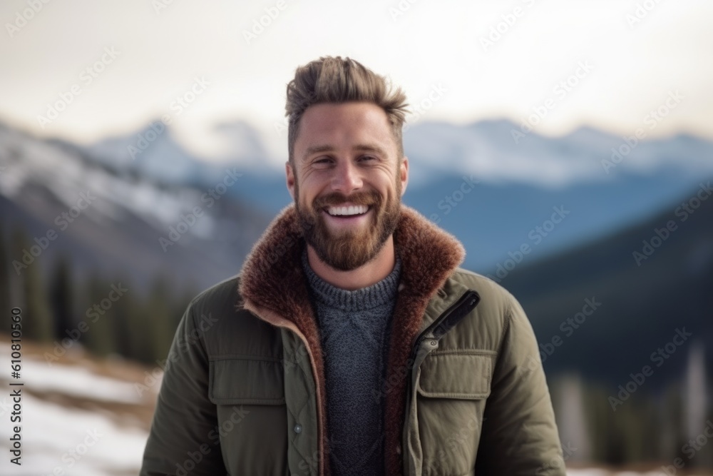 Medium shot portrait photography of a grinning man in his 30s that is wearing a chic cardigan against a snowy mountain peak or summit background .  Generative AI