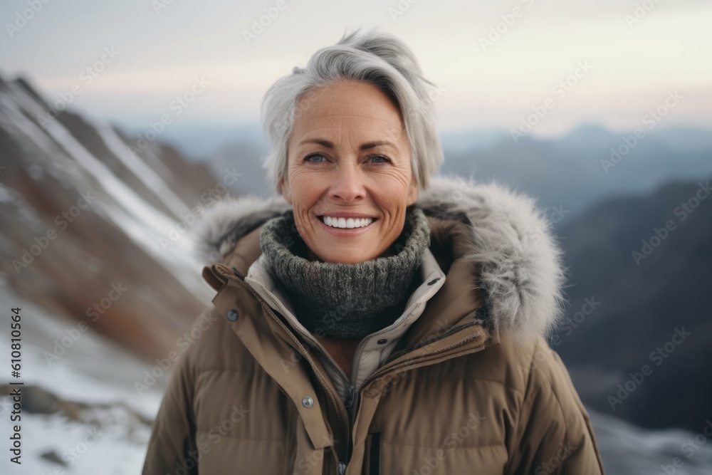 Portrait of happy senior woman in winter jacket on background of mountains Portrait of happy senior woman in winter jacket on background of mountains