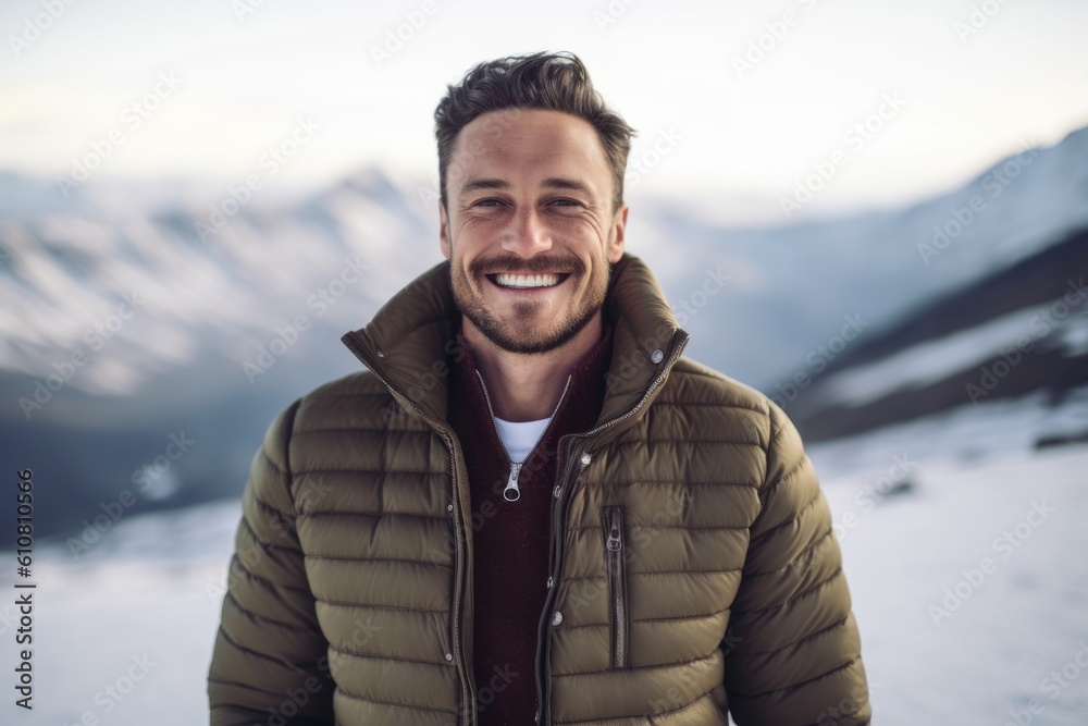 Portrait of a smiling young man in a warm jacket on a background of mountains Portrait of a smiling young man in a warm jacket on a background of mountains