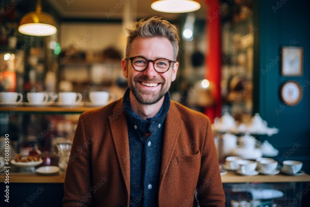 Medium shot portrait photography of a grinning man in his 30s that is wearing a chic cardigan against a tea room or british tea background . Generative AI Medium shot portrait photography of a grinning man in his 30s that is wearing a chic cardigan against a tea room or british tea background . Generative AI