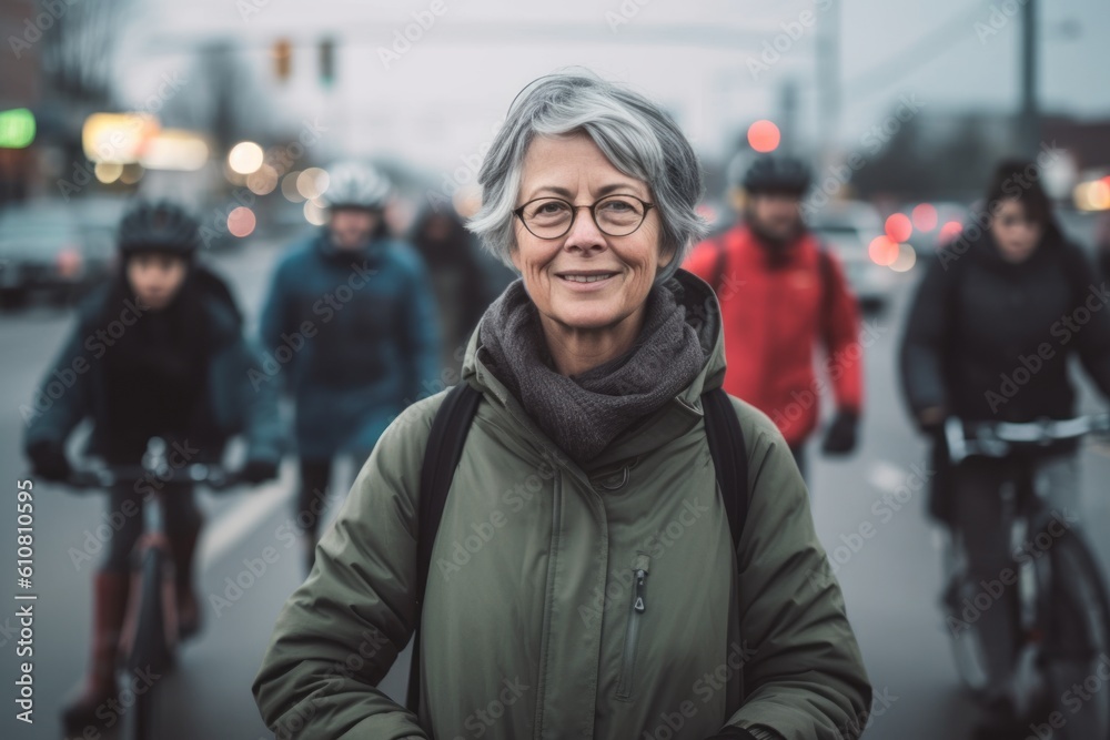 Medium shot portrait photography of a pleased woman in her 50s that is wearing a warm parka against a bustling city intersection with cyclists and pedestrians background . Generative AI Medium shot portrait photography of a pleased woman in her 50s that is wearing a warm parka against a bustling city intersection with cyclists and pedestrians background . Generative AI