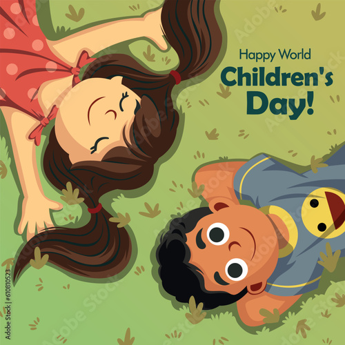 happy world children's day poster and banner design. illustration of two little kids lying on green grass