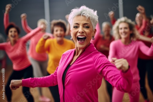 Medium shot portrait photography of a pleased woman in her 50s that is wearing a sleek suit against an energetic zumba class with participants dancing background . Generative AI