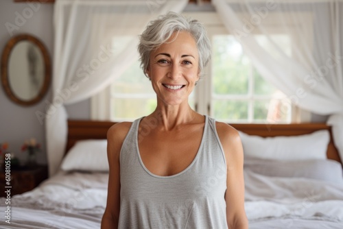 Portrait of smiling senior woman looking at camera in bedroom at home