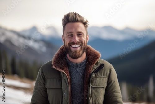 Medium shot portrait photography of a grinning man in his 30s that is wearing a chic cardigan against a snowy mountain peak or summit background .  Generative AI