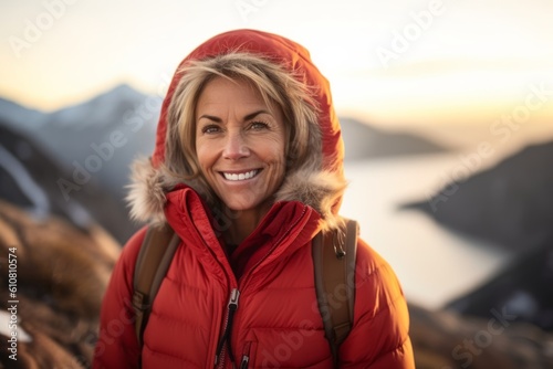 Portrait of happy senior woman in winter clothes looking at camera on mountain top