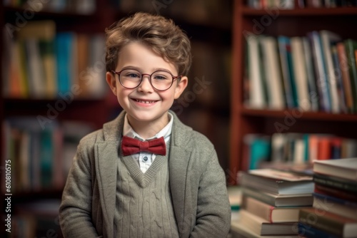 Portrait of a smiling boy in glasses standing in a library.
