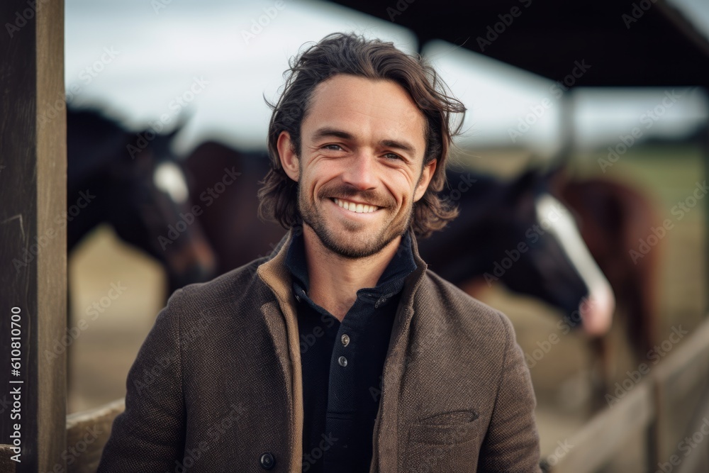 Portrait of a handsome man standing next to horses in a stable
