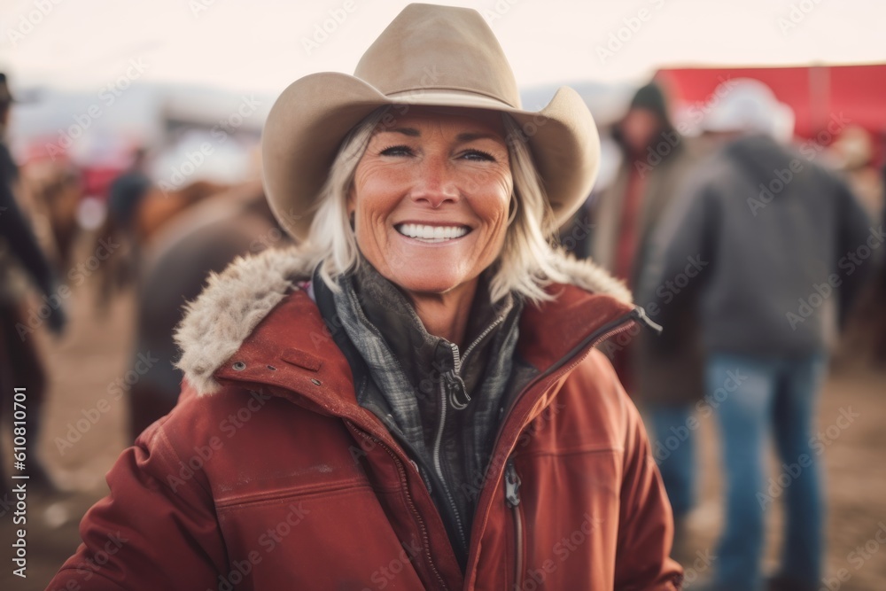 Mature woman in cowboy hat smiling at camera while standing with herd of cows at rodeo