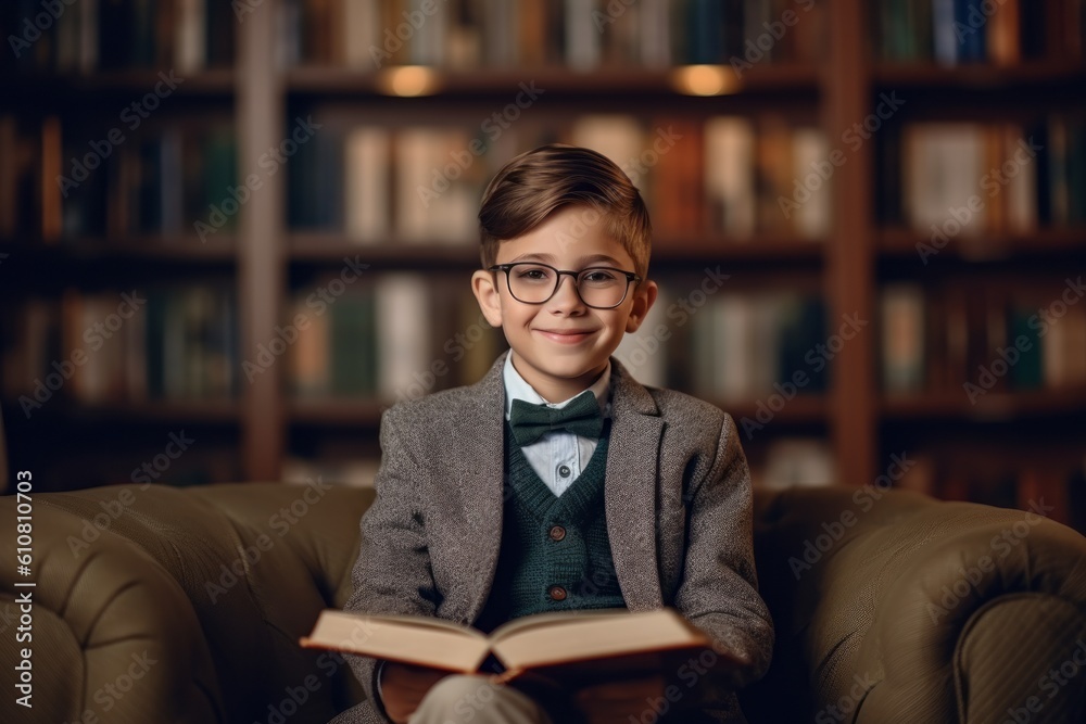 Cheerful schoolboy in eyeglasses reading book while sitting on sofa in library Cheerful schoolboy in eyeglasses reading book while sitting on sofa in library