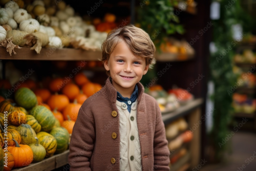 Portrait of a smiling little boy standing in a vegetable store.