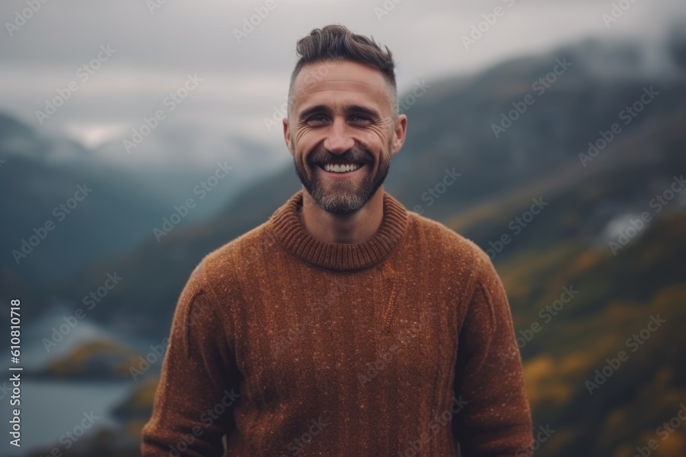 Medium shot portrait photography of a grinning man in his 30s that is wearing a cozy sweater against a bird's-eye view or aerial landscape background .  Generative AI
