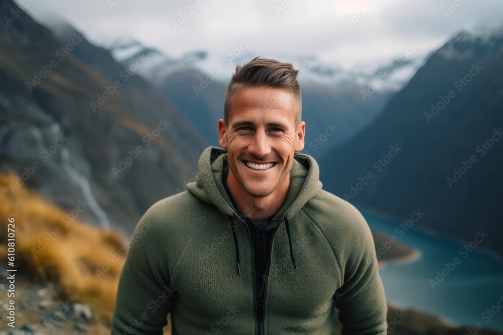 Medium shot portrait photography of a grinning man in his 30s that is wearing a cozy sweater against a scenic mountain hike with breathtaking views background . Generative AI Medium shot portrait photography of a grinning man in his 30s that is wearing a cozy sweater against a scenic mountain hike with breathtaking views background . Generative AI