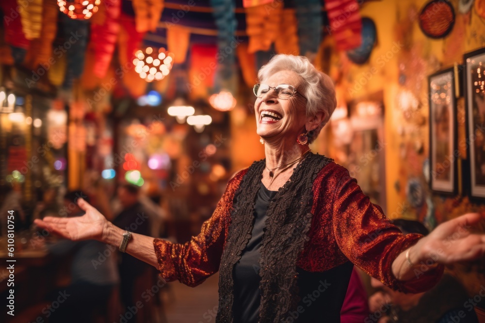 Medium shot portrait photography of a pleased woman in her 60s that is wearing a chic cardigan against a lively flamenco performance in a spanish taverna background .  Generative AI