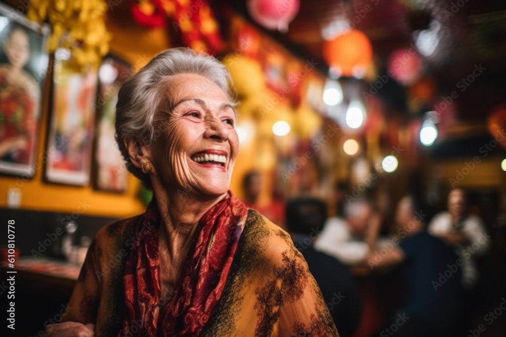 Portrait of smiling senior woman sitting at table in restaurant at night Portrait of smiling senior woman sitting at table in restaurant at night