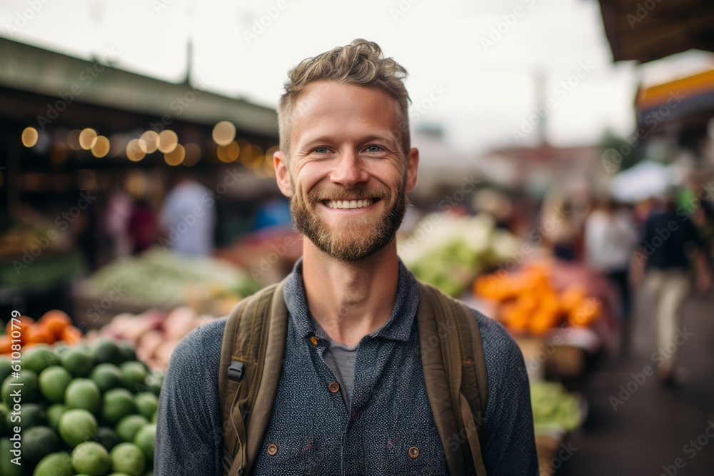 Portrait of a smiling man standing in front of a stall at the market Portrait of a smiling man standing in front of a stall at the market
