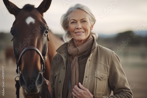 Portrait of a smiling senior woman standing with her horse in the field