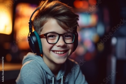 Medium shot portrait photography of a pleased child male that is wearing a chic cardigan against a gaming or video game background . Generative AI