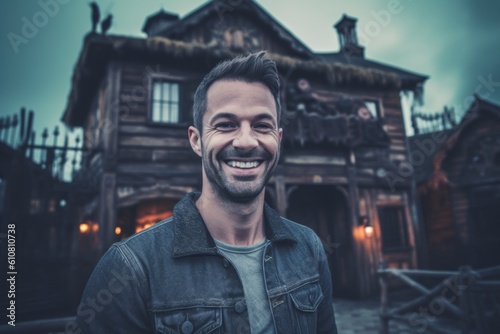 Portrait of a handsome young man on the background of an old wooden house