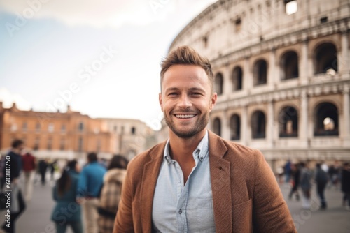Portrait of a handsome young man standing in front of Colosseum in Rome, Italy