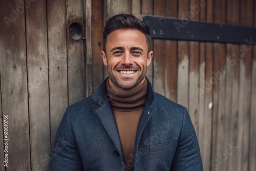 Portrait of handsome man smiling at camera while leaning against wooden wall