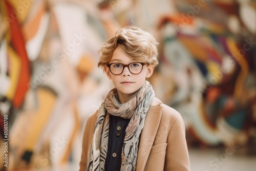 Medium shot portrait photography of a pleased child male that is wearing a chic cardigan against a modern art exhibit with visitors and installations background . Generative AI